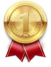 Gold medal with a red ribbon displaying the number one.