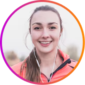 A circular profile picture of a smiling young woman wearing an athletic jacket and earbuds.