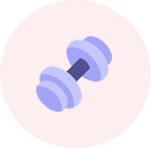An icon of a stylized purple dumbbell on a red circular background.