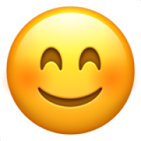 A yellow emoji of a smiling face with closed eyes and rosy cheeks.