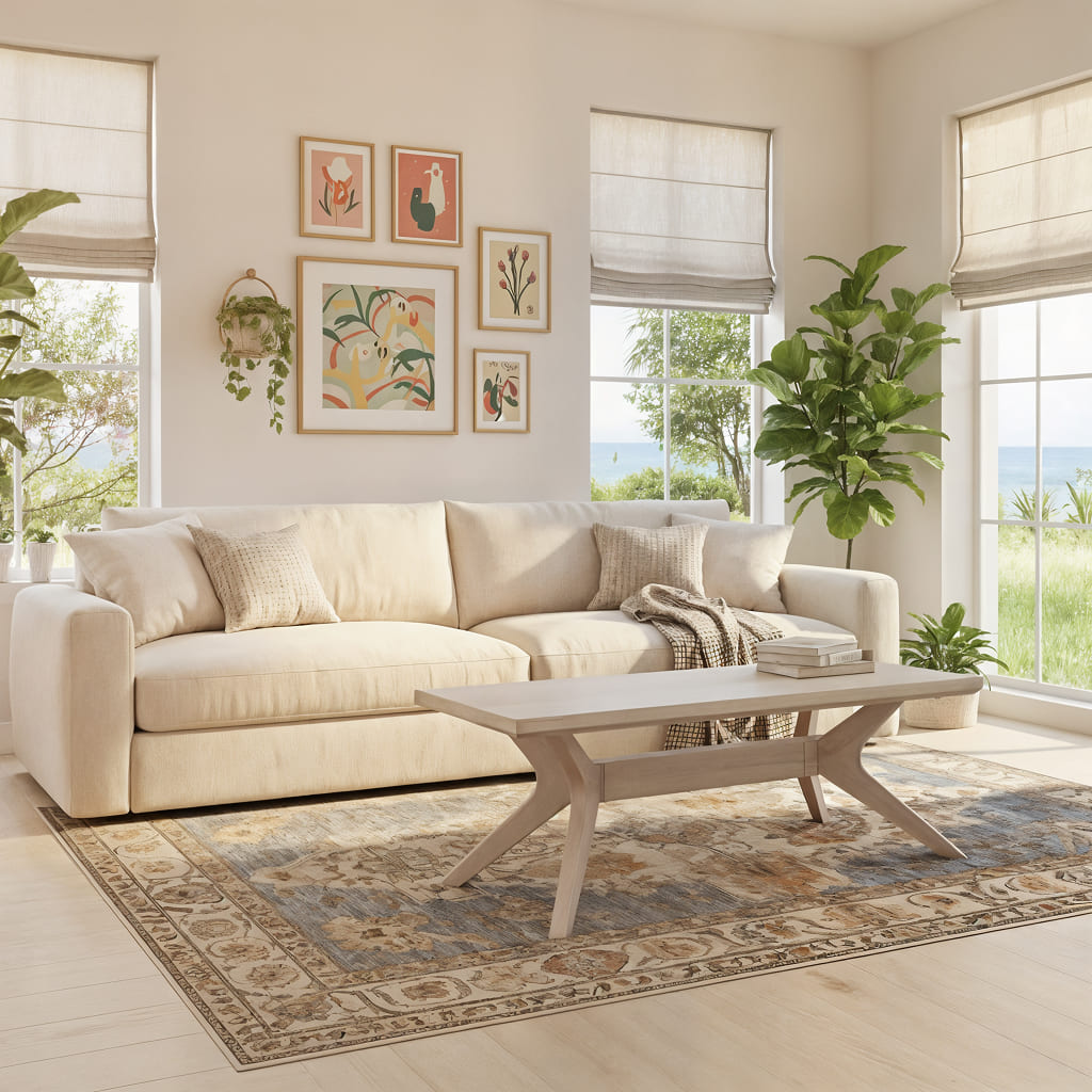 Bright living room with eggshell walls and cream colored mattresses with blonde coffee table.