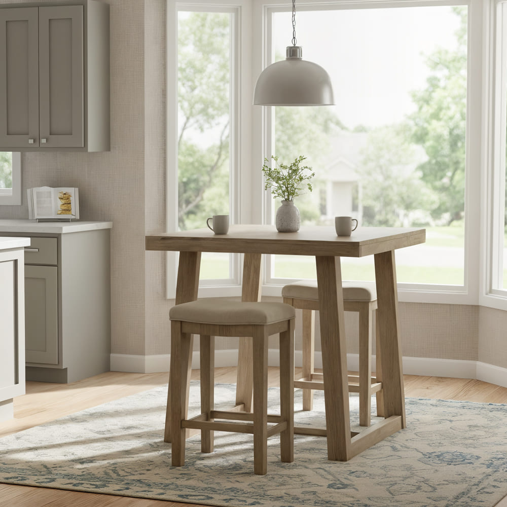 Blonde dining table set with cushioned stools.