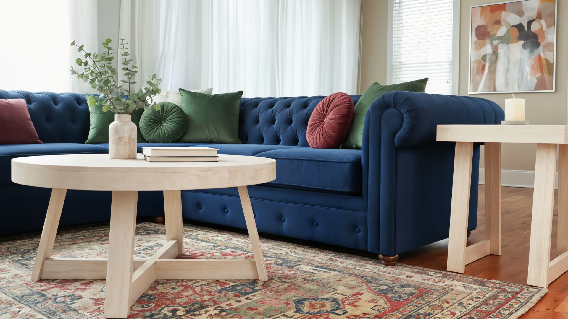 Blonde, round coffee table and side table in bright living room with blue couch.