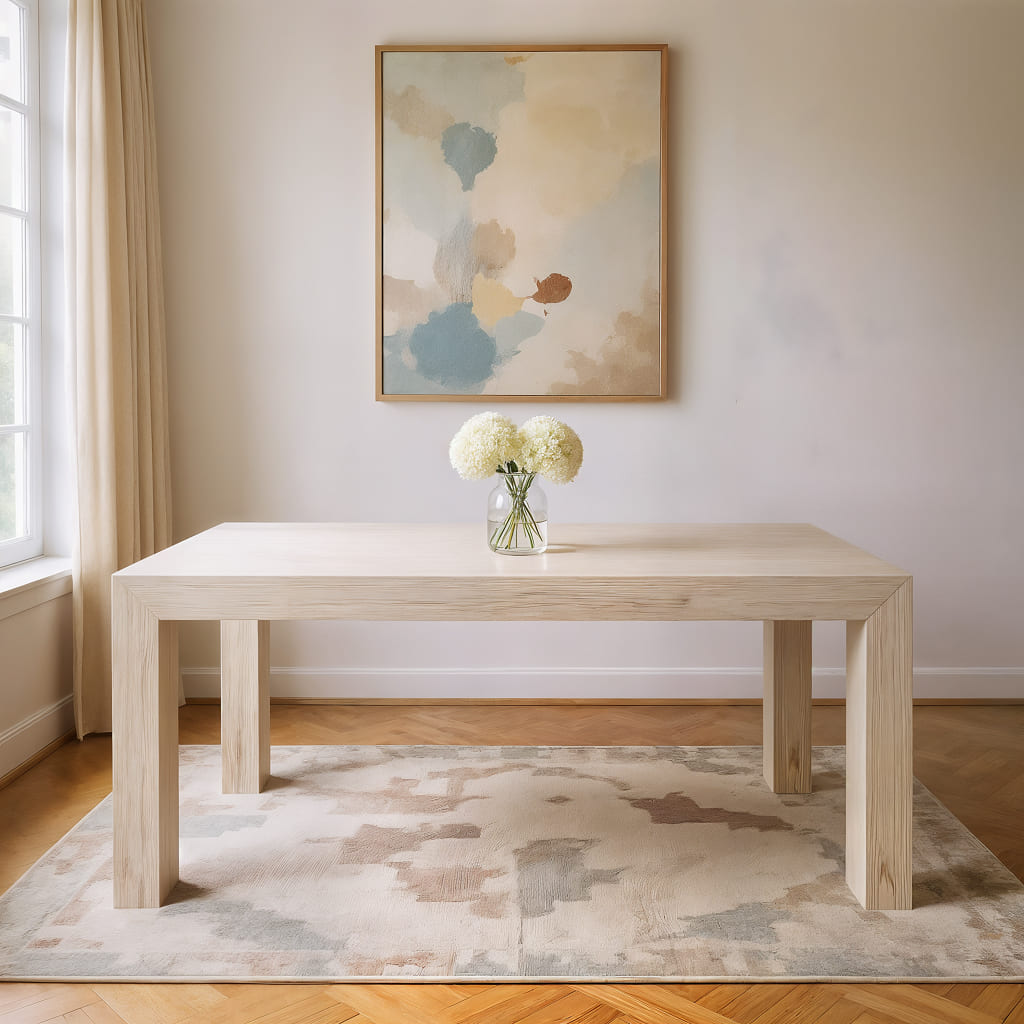 Blonde square dining table in clean, bright room.