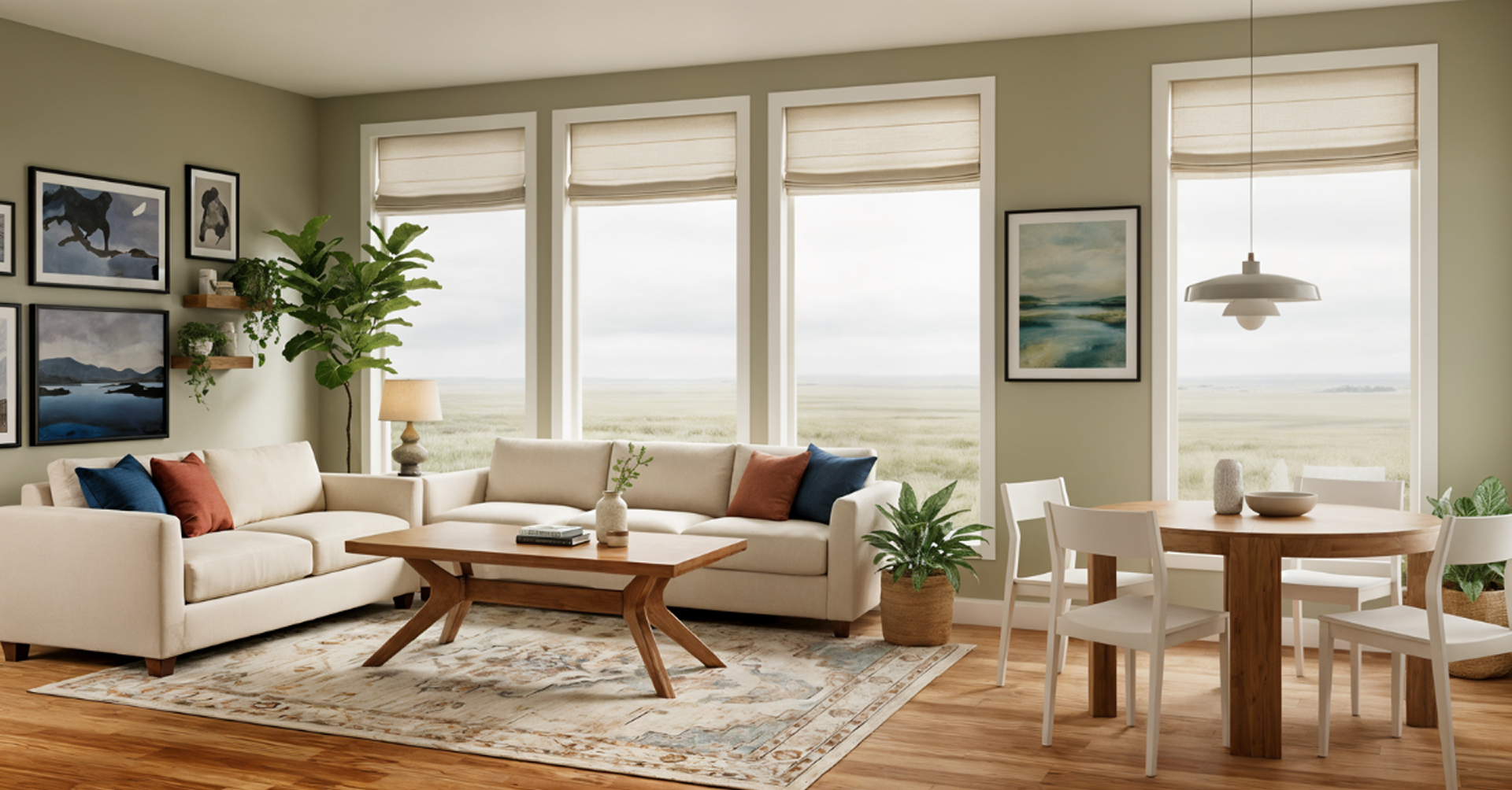 Pecan coffee table with pecan, round dining table and 4 white modern dining chairs.