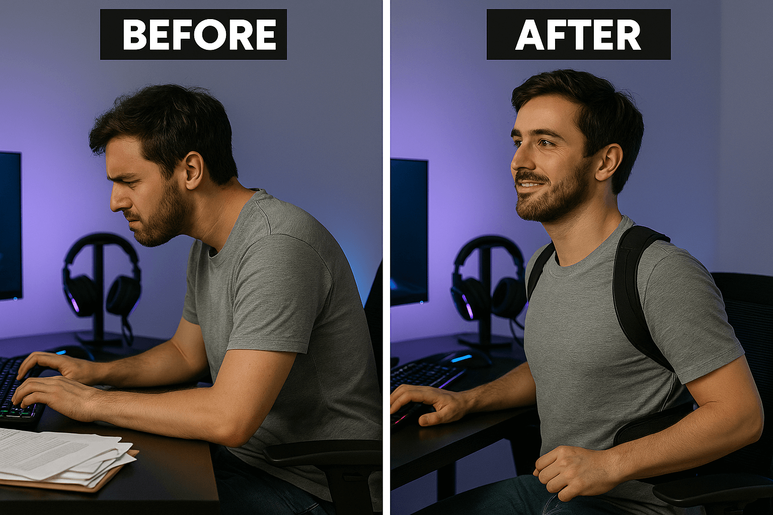 Side-by-side comparison of a man with poor and improved posture.