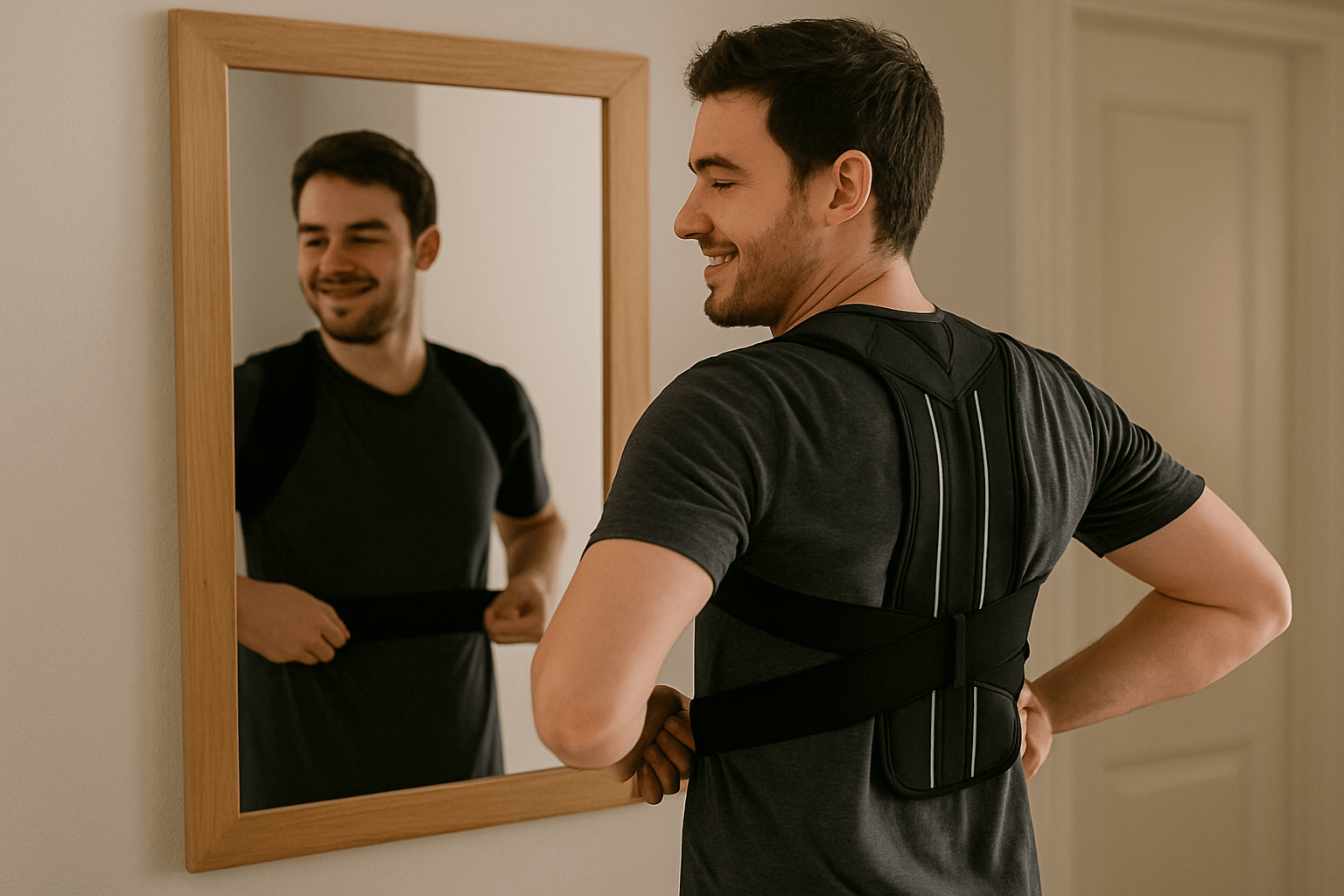 Man wearing a posture corrector, looking in a mirror.