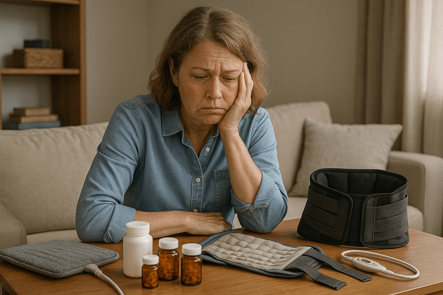 Woman looking concerned at medication bottles and heating pads on a table.