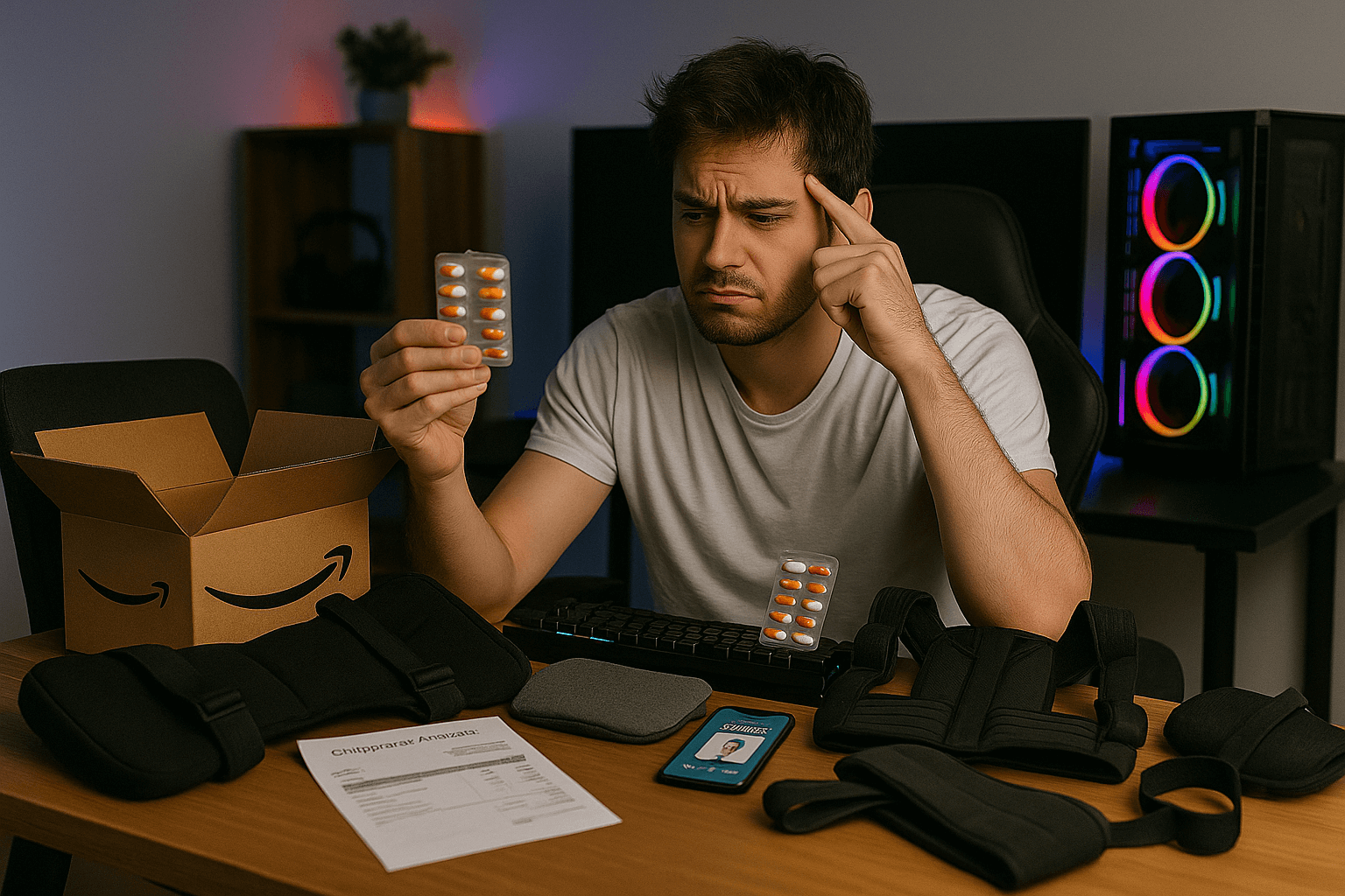 Man examining blister pack of pills at a desk with various items.