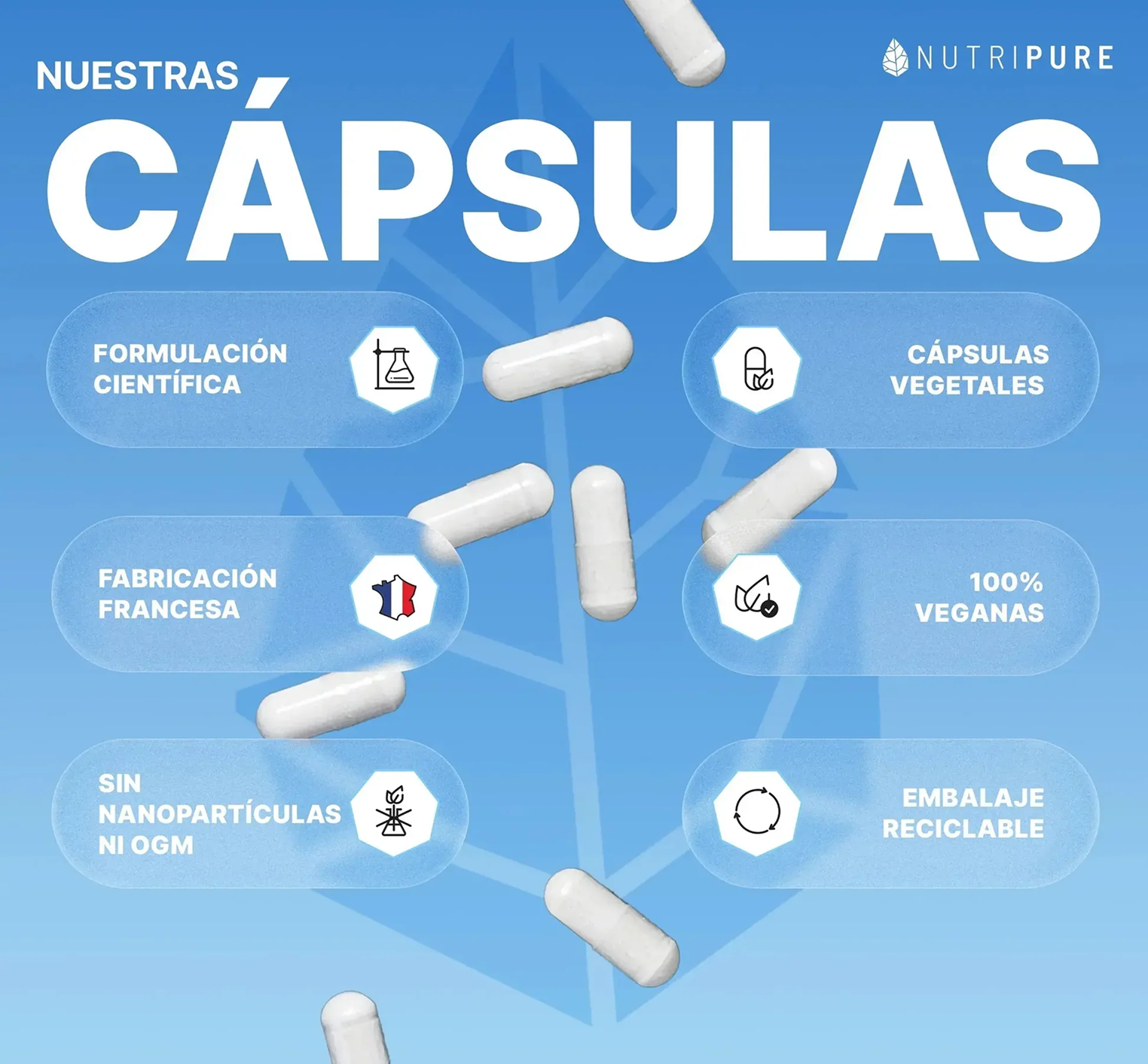 A Spanish-language infographic for Nutripure capsules, showing white pills and icons describing their features on a blue background.