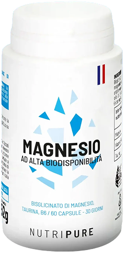 A white bottle of Nutripure Magnesio supplements against a white background.
