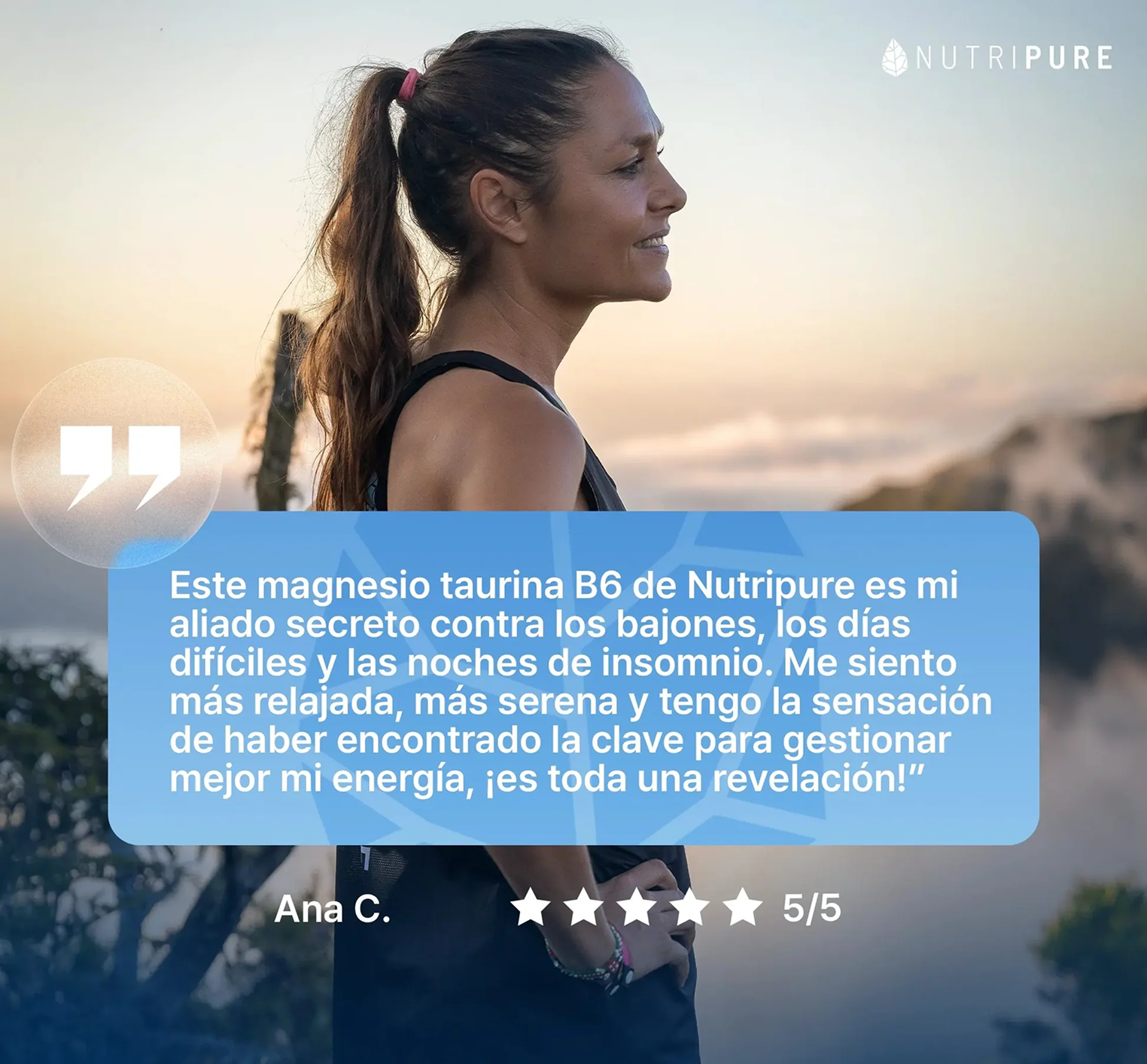 A woman in profile against a sunset, with a customer testimonial and a 5-star rating for Nutripure.
