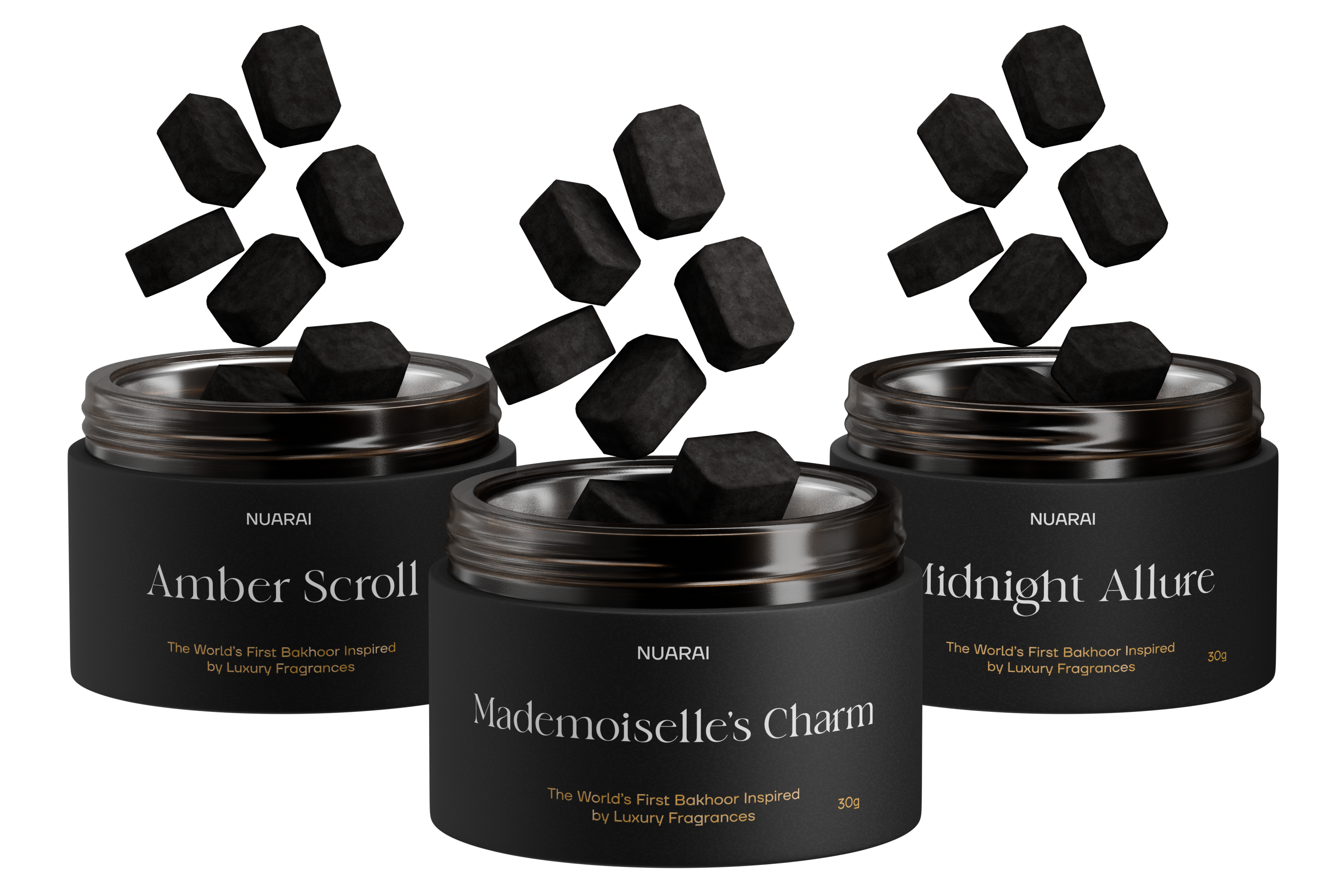 Three jars labeled Amber Scroll, Mademoiselle's Charm, and Midnight Allure with black cubes.