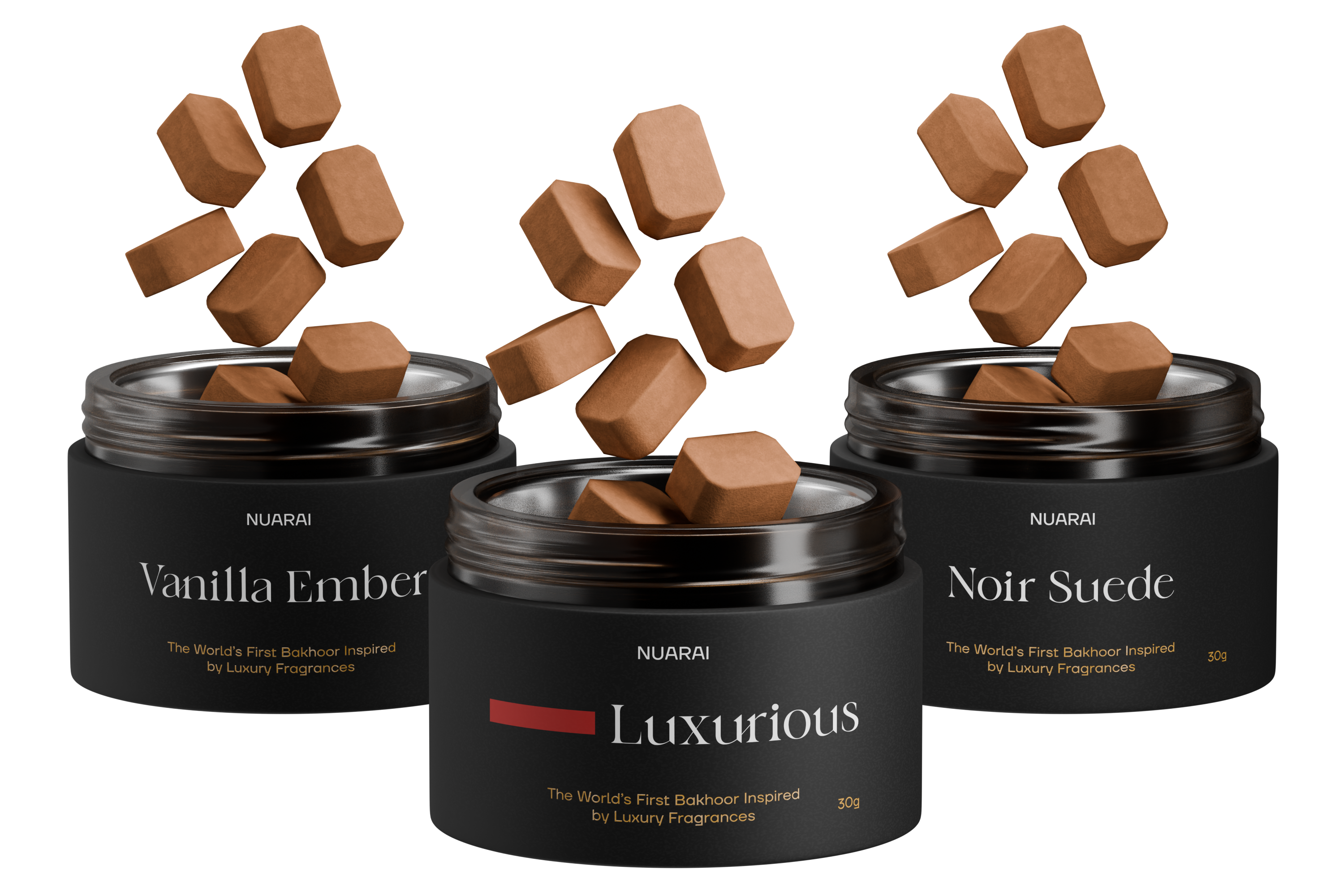 Three jars labeled Vanilla Ember, Luxurious, Noir Suede with brown cubes floating above.