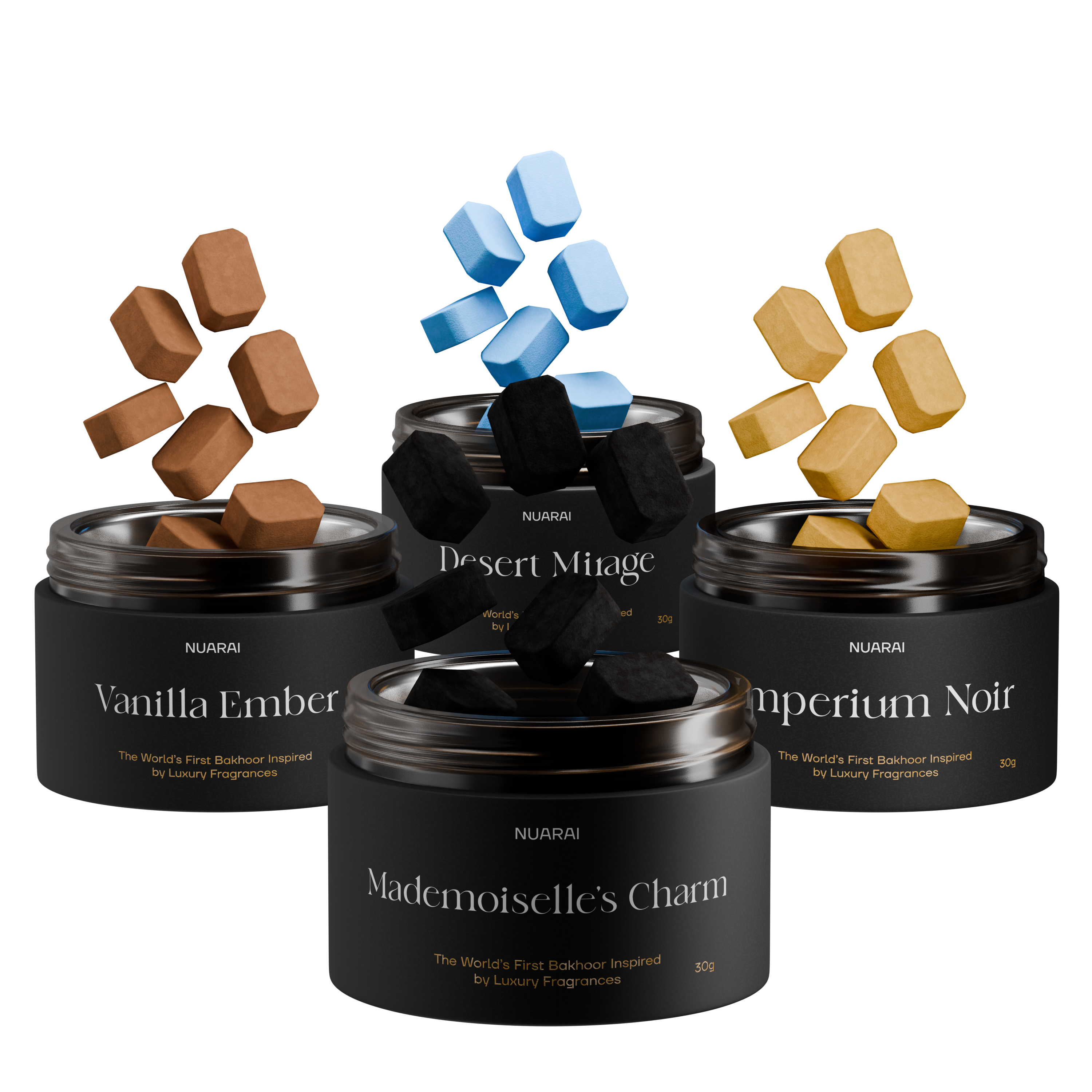 Four jars with colorful geometric shapes floating above them.