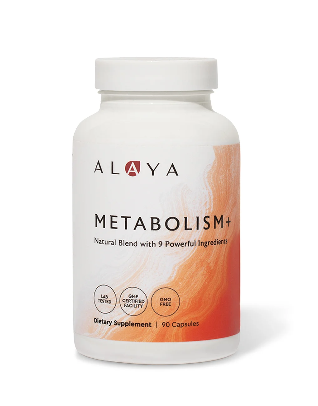 A white bottle of Alaya Metabolism+ dietary supplement against a plain white background.