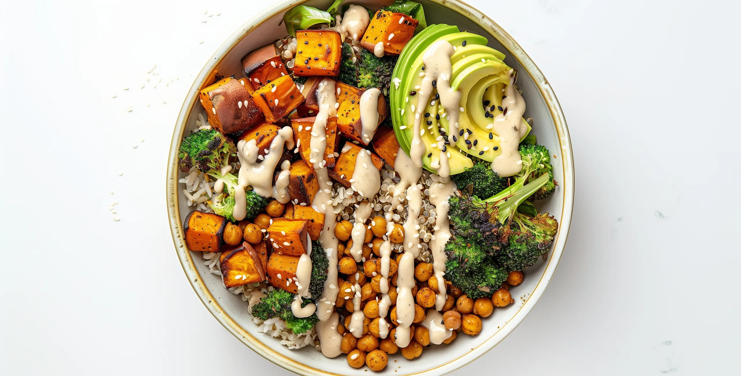 Bowl with sweet potatoes, broccoli, avocado, chickpeas, and sauce drizzle.