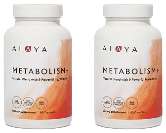 Two white bottles of Alaya Metabolism+ dietary supplement shown side-by-side against a white background.