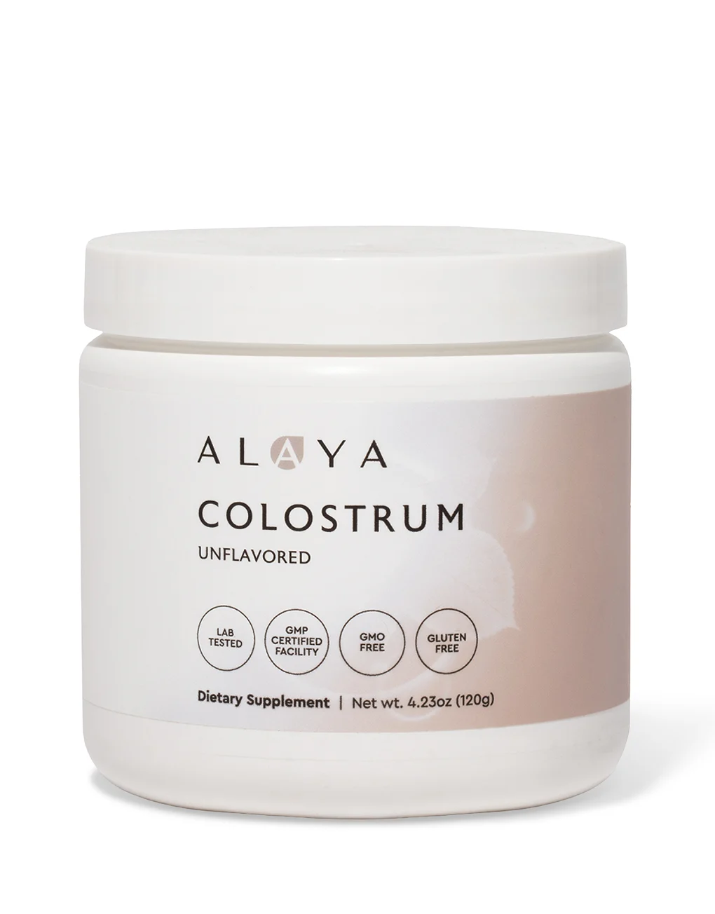A white jar of Alaya Colostrum dietary supplement, unflavored, against a white background.