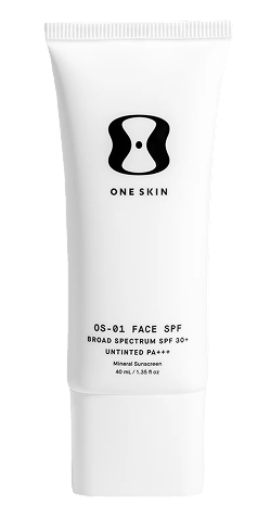 White tube of One Skin OS-01 Face SPF 30+ sunscreen.