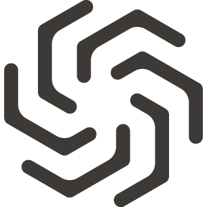 A dark gray, abstract icon of six swirling L-shaped lines forming a hexagonal shape.