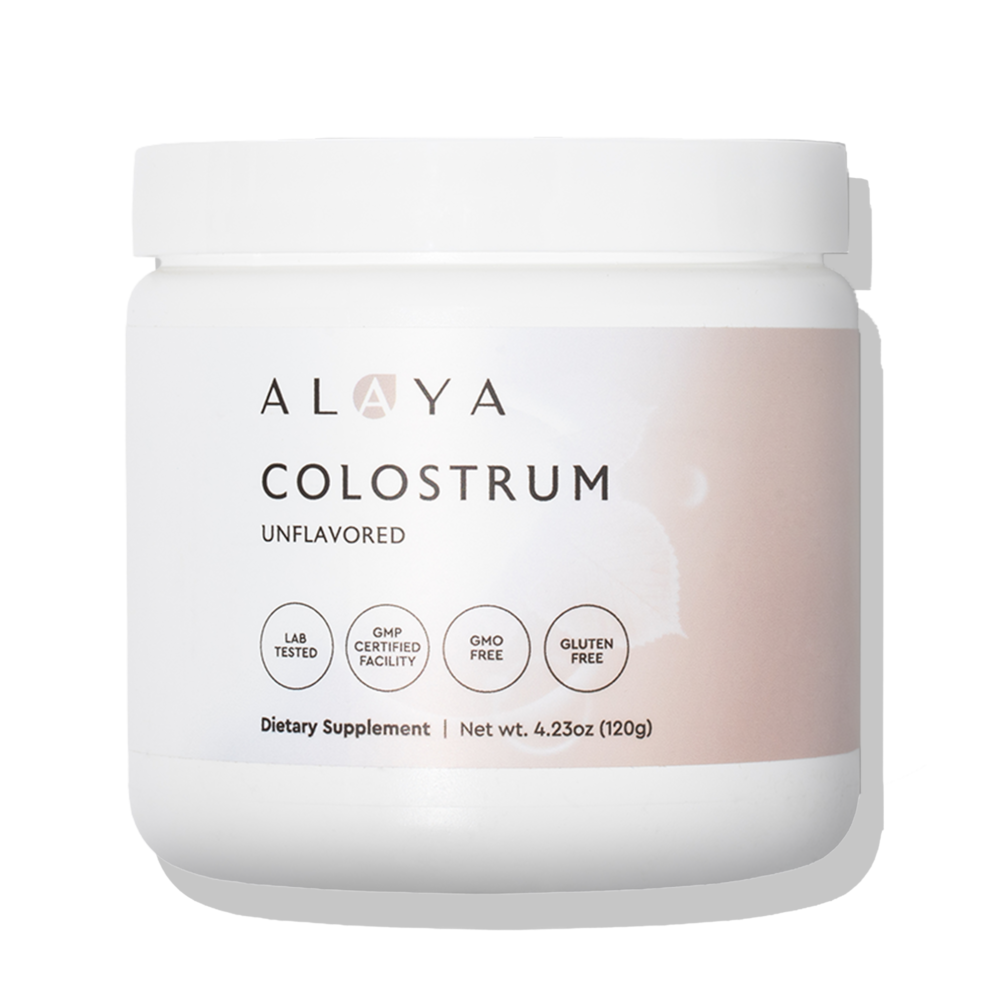 White container labeled 'Alaya Colostrum Unflavored Dietary Supplement' with certifications.