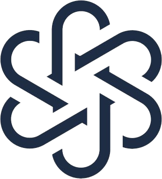 Abstract geometric logo with interlocking shapes in dark blue.