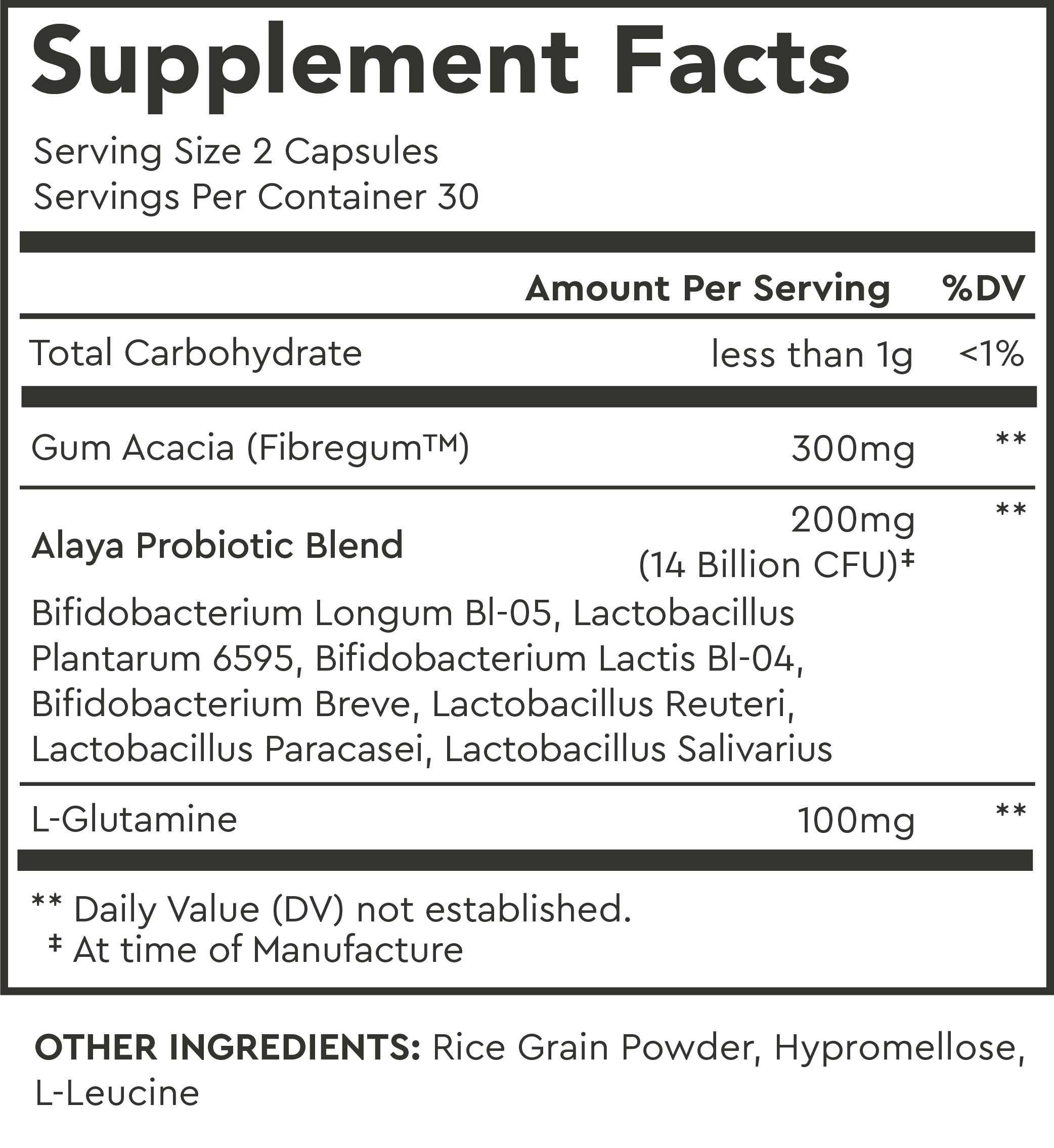 Supplement Facts label with ingredients and probiotic blend information.