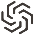 A dark gray, abstract hexagonal logo with six bent arms spiraling from a central point.