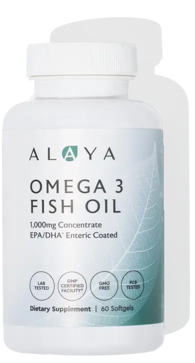 White bottle labeled 'Omega 3 Fish Oil' with 60 softgels, 1000mg concentration.