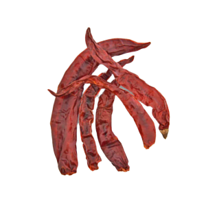 A small pile of dried red chili peppers on a white background.