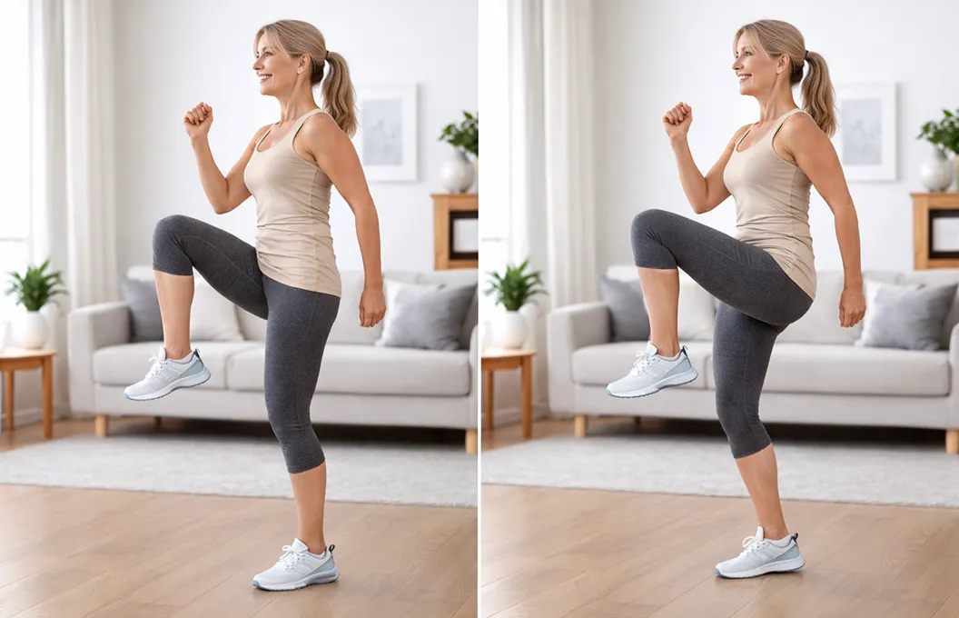 A woman in athletic clothes performs a high-knee march exercise in a living room.