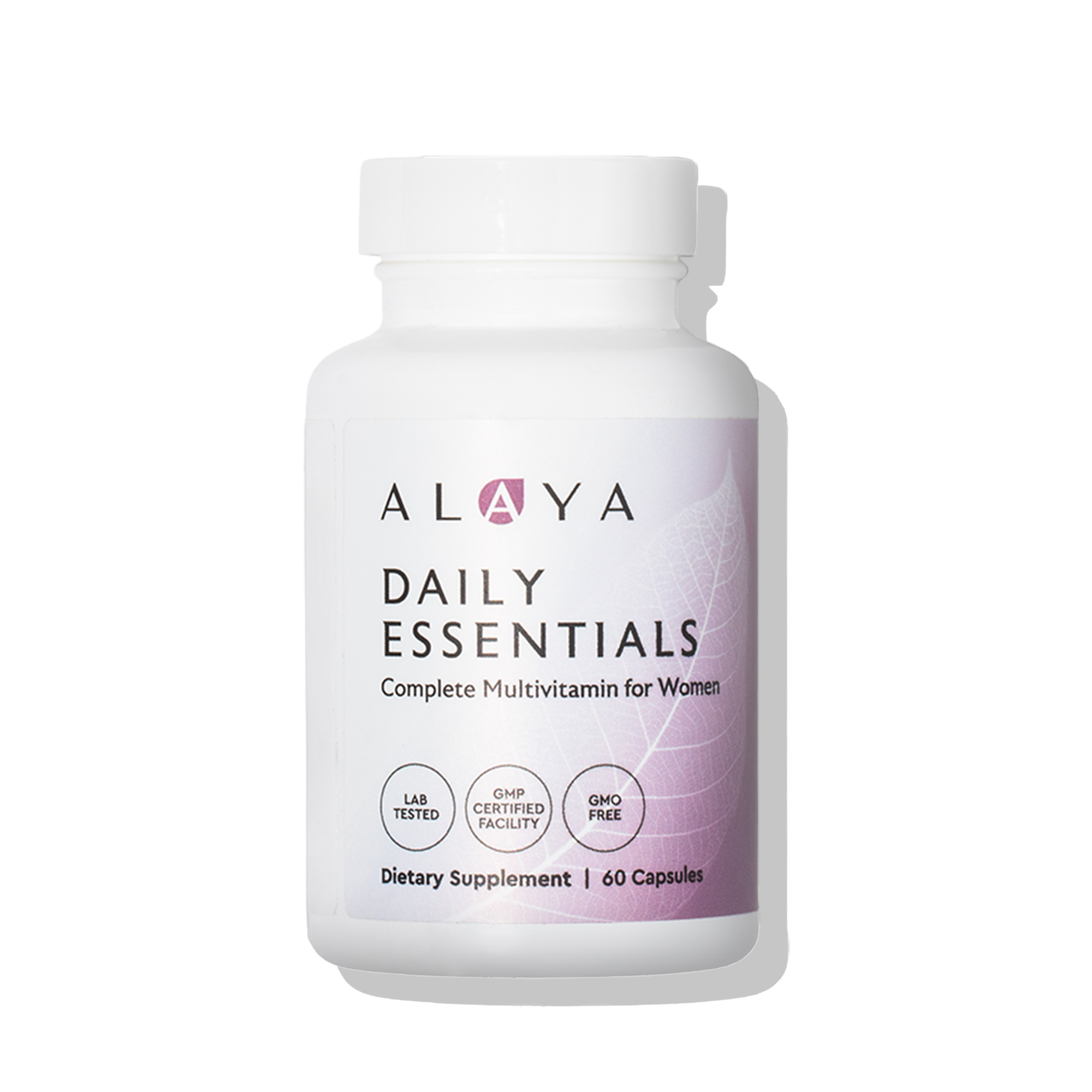White bottle labeled 'Daily Essentials' multivitamin for women.