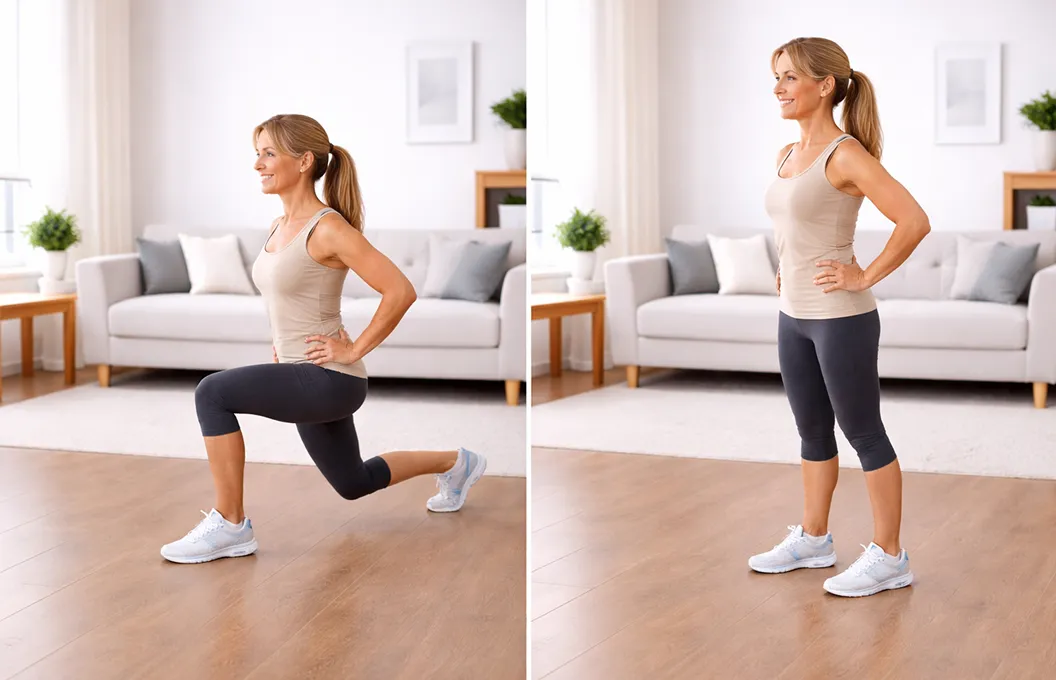 A split image showing a woman in workout clothes performing a lunge in a living room.