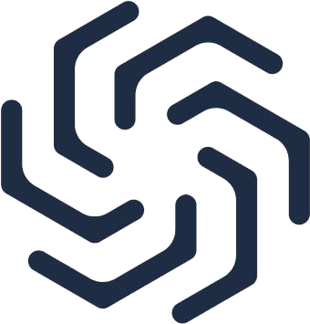 Abstract geometric logo with interlocking shapes in dark blue.