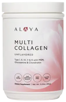 A white container of multi collagen powder labeled 'Alaya' with pink design.