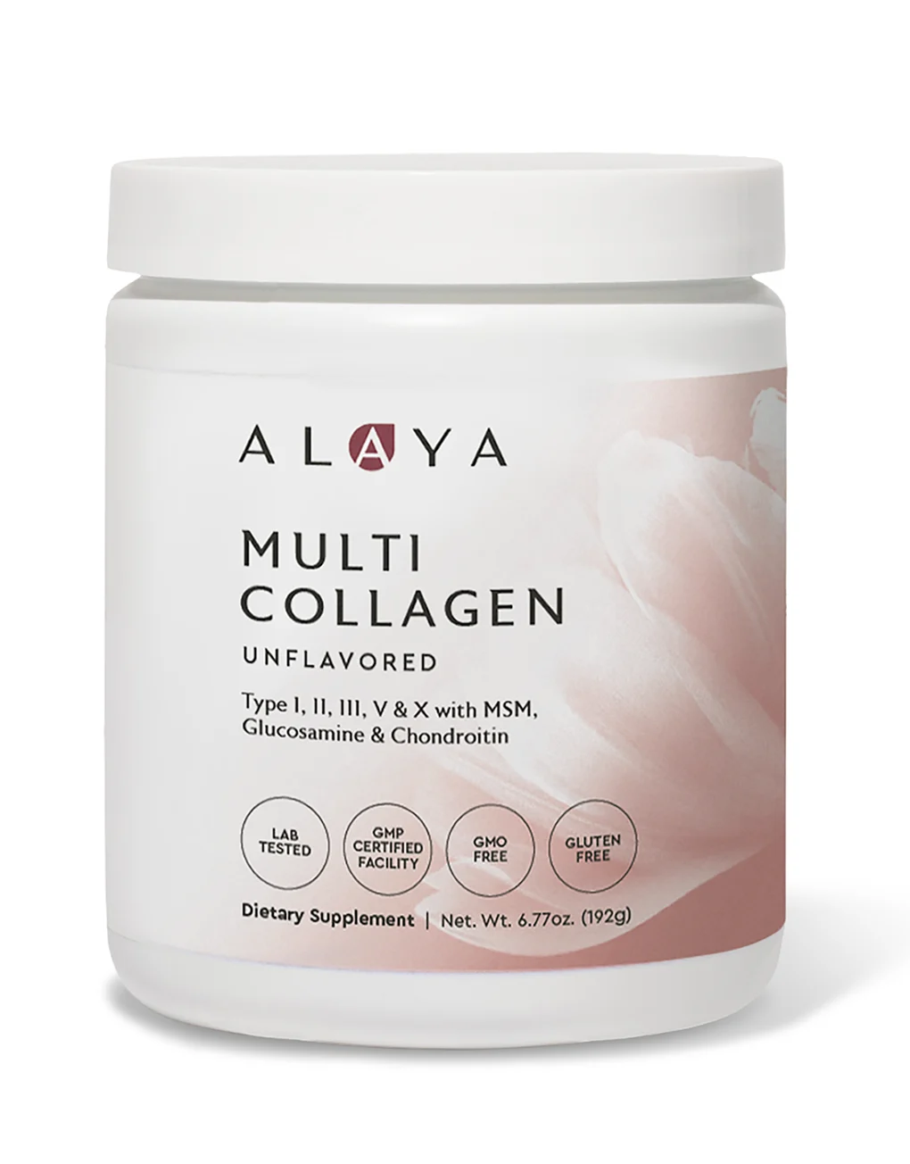 A white container of Alaya Multi Collagen, unflavored dietary supplement, on a white background.