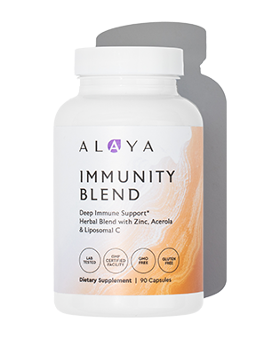A bottle labeled 'Alaya Immunity Blend' dietary supplement with 90 capsules.