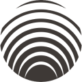 A pixelated, circular graphic with concentric dark gray arcs against a black background.