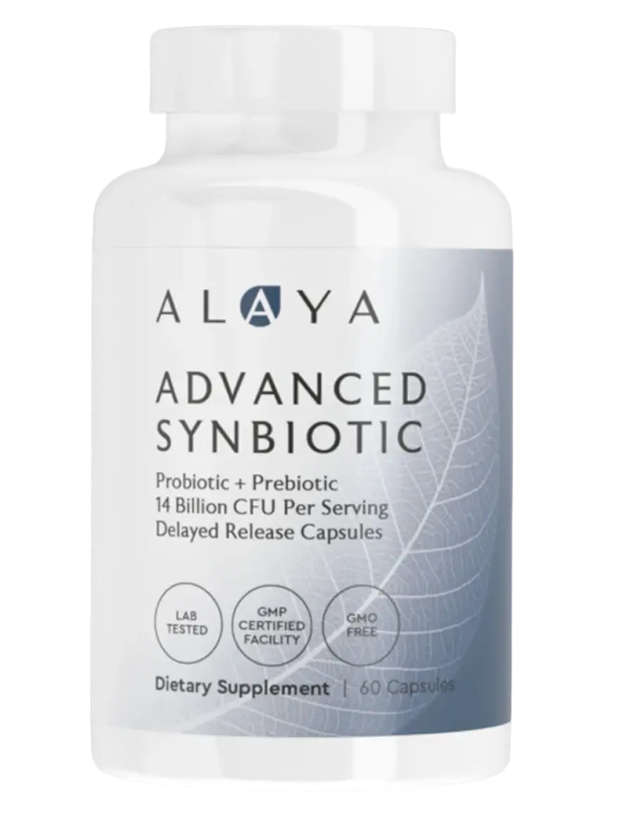 A white bottle of Alaya Advanced Synbiotic, a probiotic and prebiotic dietary supplement with 60 capsules.