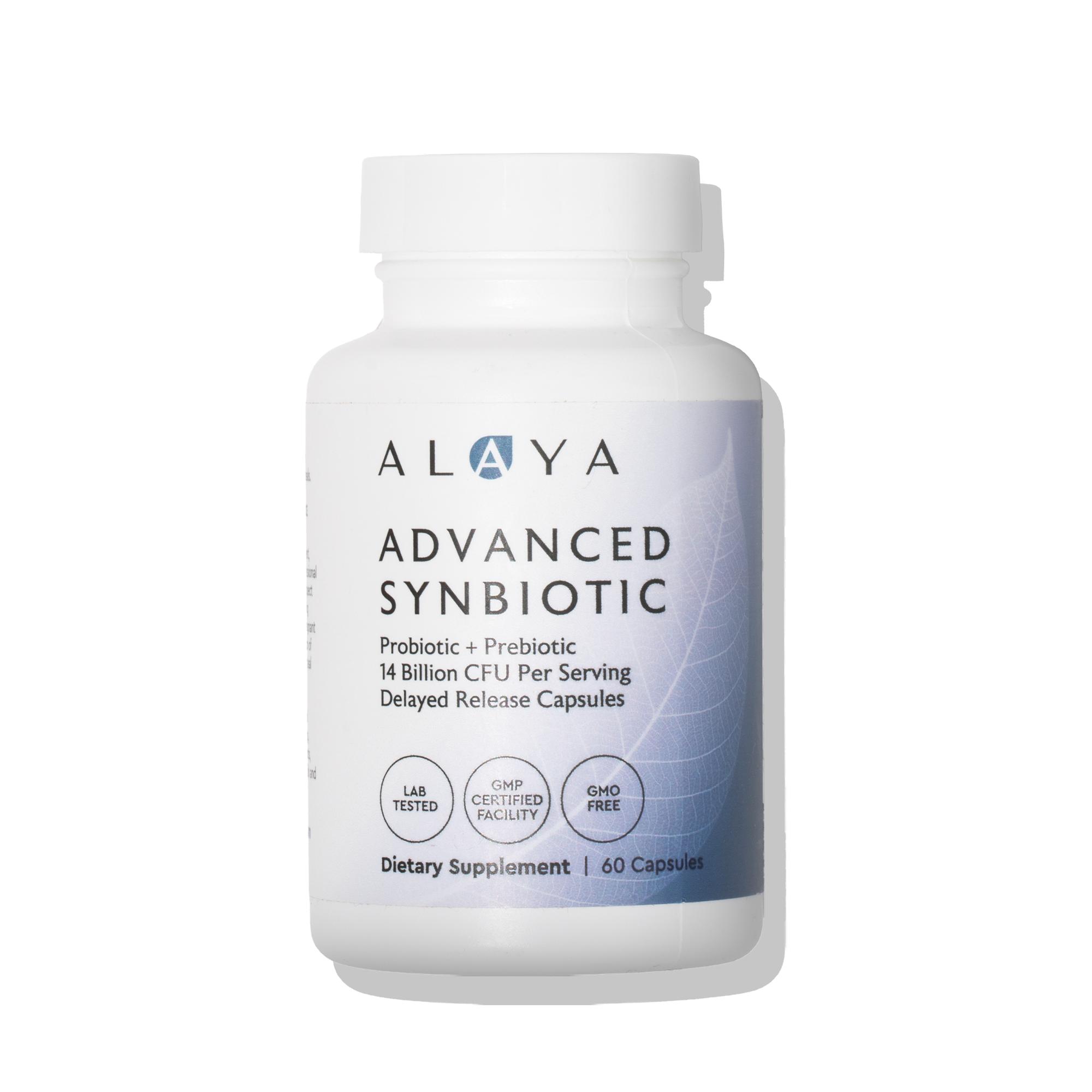 White bottle labeled 'Advanced Synbiotic' with details about probiotics and prebiotics.