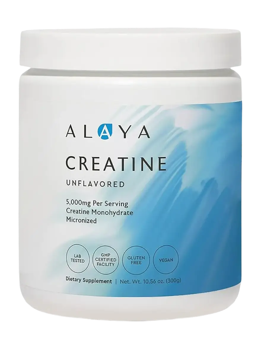 A white tub of Alaya Creatine, an unflavored dietary supplement, against a white background.