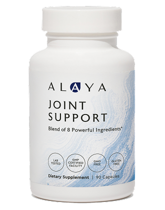 A white bottle of Alaya Joint Support dietary supplement with a white cap, on a white background.