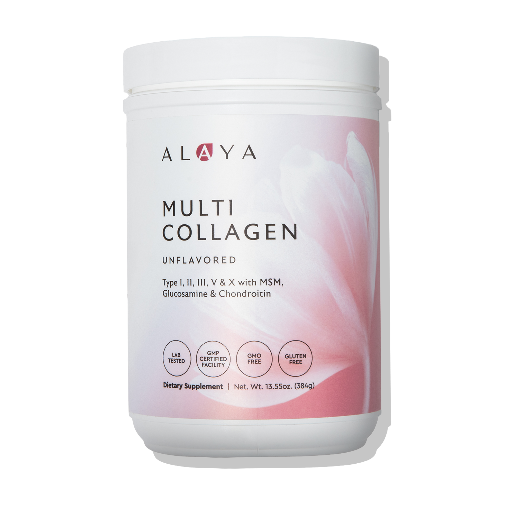 White container of multi collagen supplement with pink floral design.
