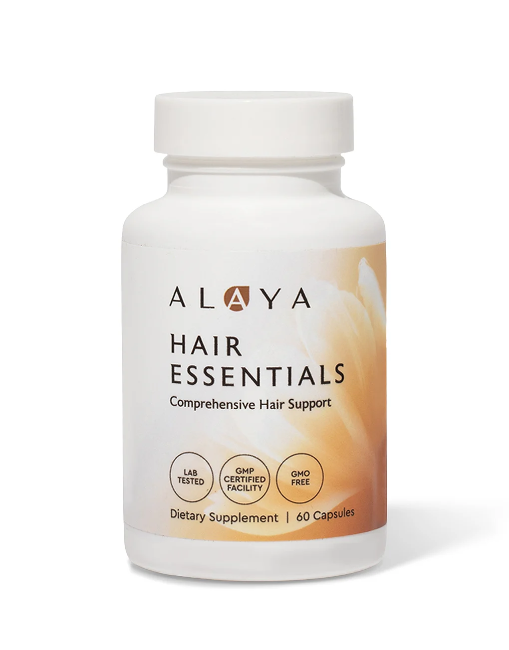 A white bottle of Alaya Hair Essentials dietary supplement against a white background.