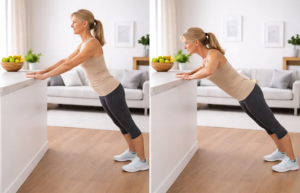 Two side-by-side images of a woman doing incline push-ups against a white counter in a living room.