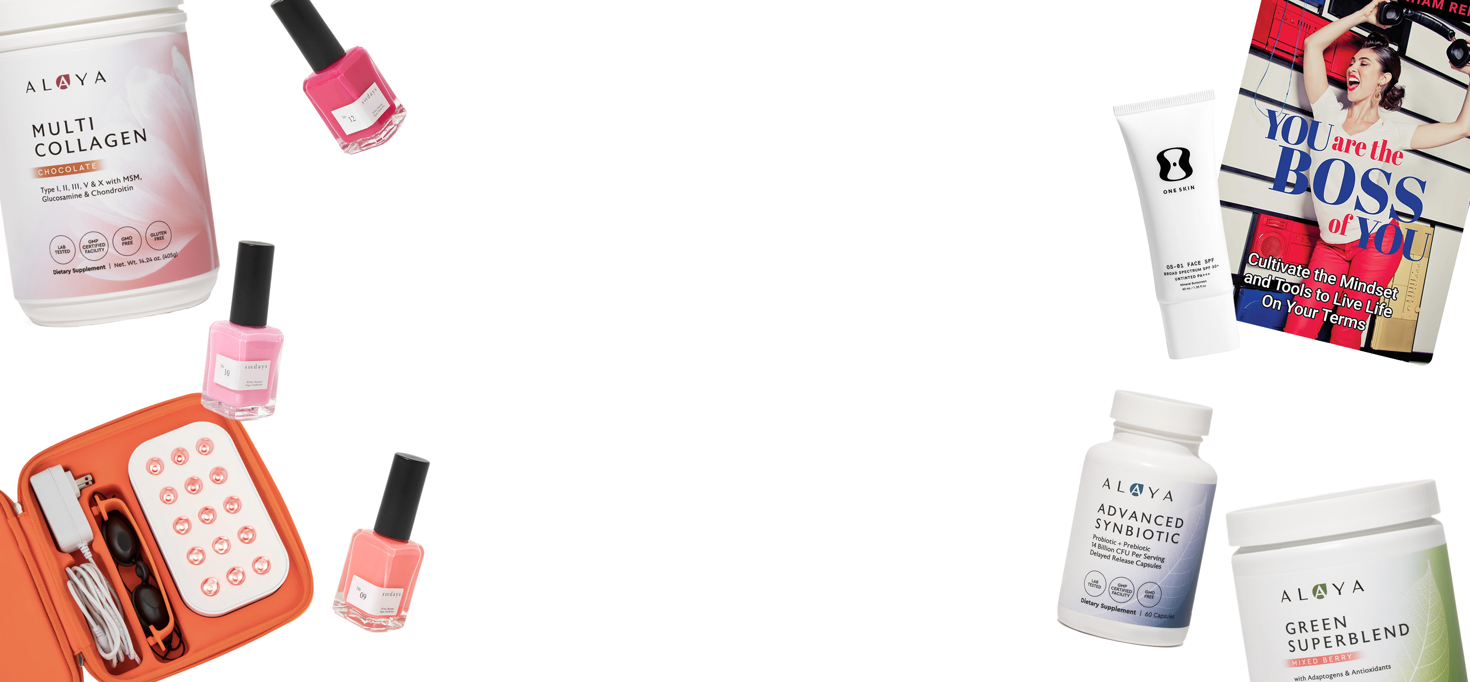Collagen, nail polish, skincare, supplements, and a book on a green background.
