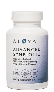 White bottle labeled 'Alaya Advanced Synbiotic' with 60 capsules.