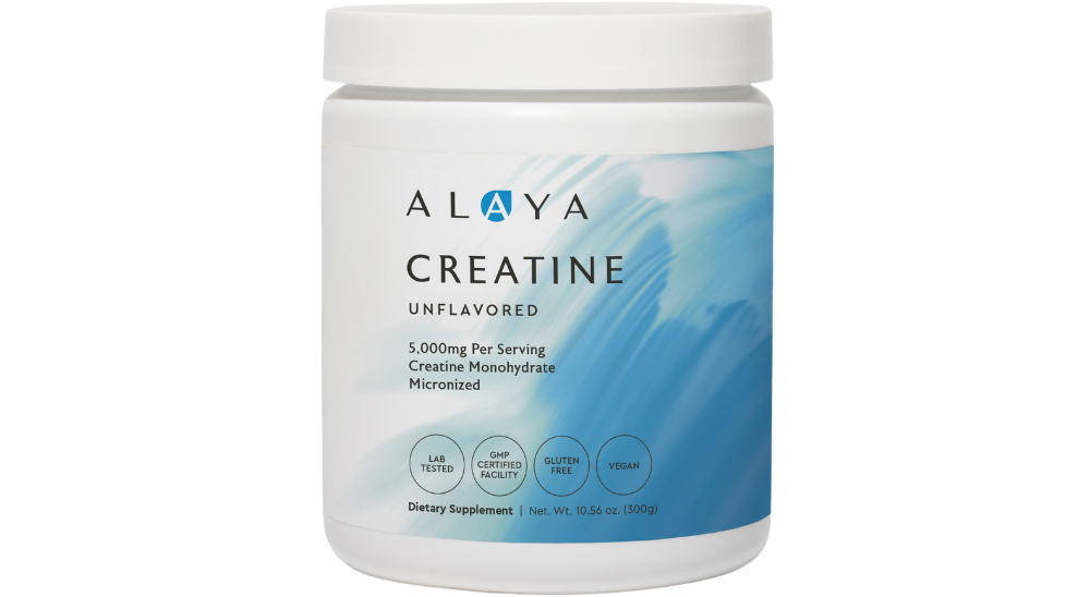 White container of Alaya unflavored creatine supplement with blue label.