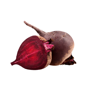 A whole beetroot and a beetroot cut in half, showing its deep red interior on a white background.